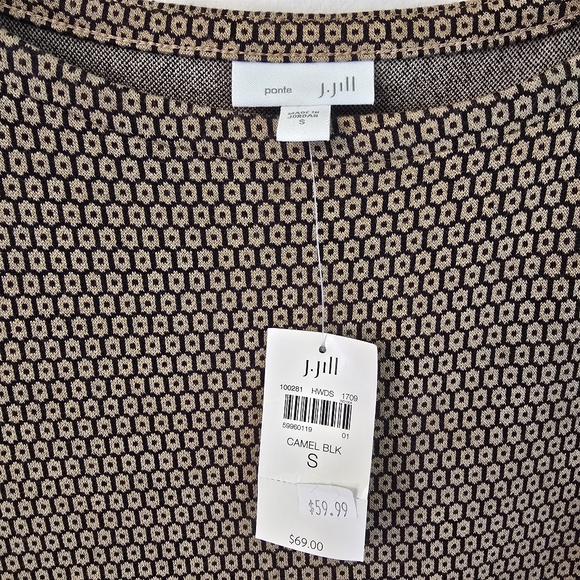 J. JILL Sz Small Ponte 3/4 Sleeve Geometric Print Top Brown Tan Black Pockets - Picture 4 of 13